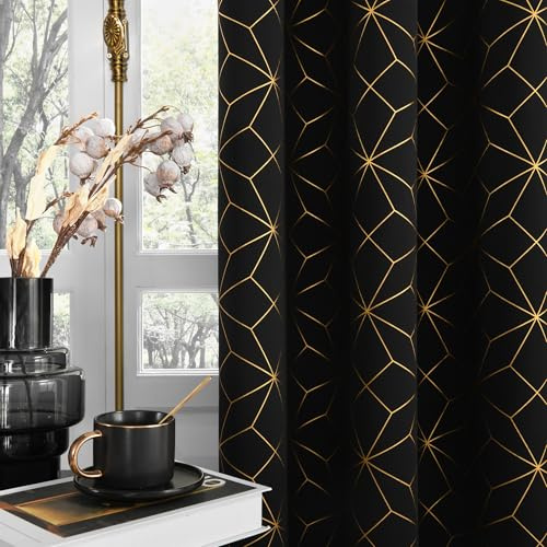 Beauoop Verdunkelungsvorhänge, 100% lang, 213 cm lang, für Schlafzimmer, Wohnzimmer, marokkanisches Gold, gemusterte Vorhänge, wärmeisoliert, mit Ösen, Fensterbehandlung, Paneele, 2 Stück, Schwarz