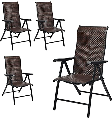 COSTWAY 4er Set Gartenstühle Polyrattan, Klappstühle mit 5-Fach Verstellbarer Rückenlehne, Hochlehner Balkonstühle, wetterfeste klappbare Terrassenstühle für Garten, Balkon, Terrasse