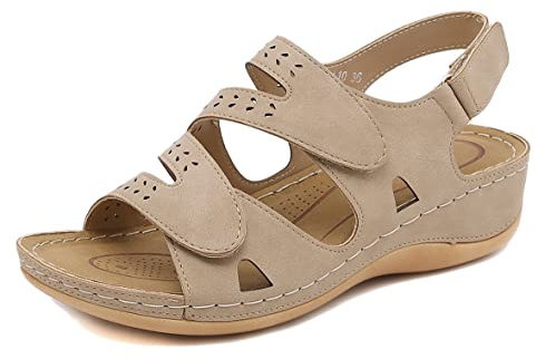 SMajong Sandali Donna Ortopedici Con Strappo Regolabile, Estivi Leggeri Comodi in Cuoio Artificiale, Zeppa Vintage Moda Scarpe Versatili, Beige 43 EU