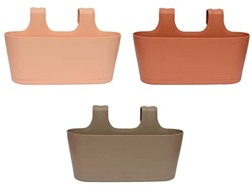 ENGELLAND 3 x Blumenkasten zum Auf-Hängen, Farbmix: Apricot, Rotbraun, Braun, Blumentopf, oval, Balkon, Übertopf, Pflanzkasten, mit Wasserspeicher/Wasserauffangschale