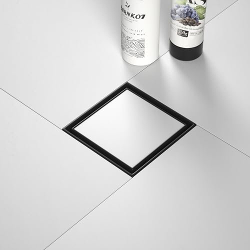 Bernkot Siphon de douche carré de 10,2 cm, noir mat avec grille d'insertion carrelée et filtre à cheveux, en acier inoxydable 304 pour salle de bain 2 en 1, carrelé dans l'évacuation, certifié CUPC