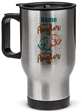 Tassendruck Edelstahl-Thermobecher selbst gestalten mit Name - Einmal Angler, Immer Angler - Coffee to Go Becher, Geschenke für Angler, Petri Heil | Personalisiertes Geschenk, Silber, 390 ml