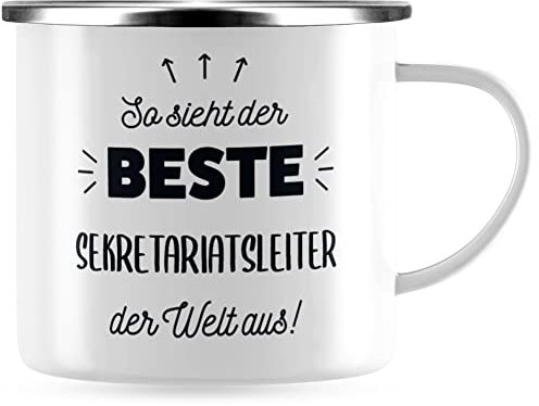 JUNIWORDS Emaille-Tasse, So sieht der beste Sekretariatsleiter der Welt aus!, Silberner Tassenrand (5871892)