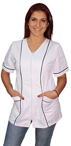 Arbeitshemden für Damen mit Reißverschluss, Kasacca, Auswahl aus 4 Farben, Kosmetikerin, Friseur, Kindergarten, Lebensmittel, Weiß Rigo Schwarz, X-Large