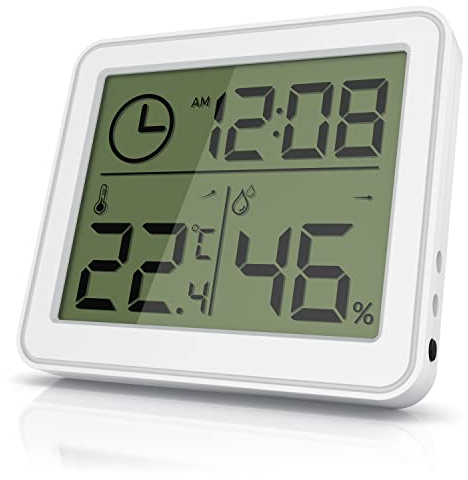 CSL - Thermometer Hygrometer - Temperatur und Luftfeuchtigkeit – Uhrzeit - gut ablesbare LCD-Anzeige – Magnethalter, Aufhängeöse und Standfuß - inkl. Batterie - weiß