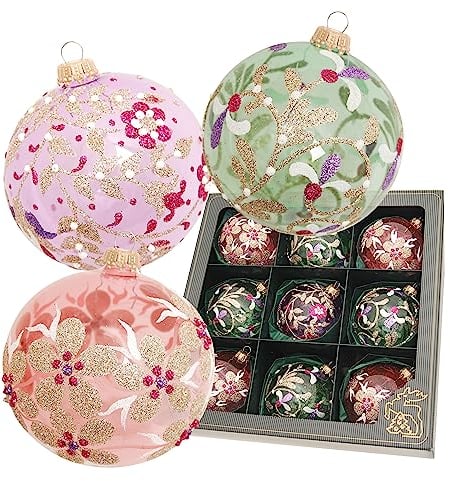 Krebs Glas Lauscha - Weihnachtsdekoration/Christbaumschmuck aus Glas - Weihnachtskugeln - Farbe: Lila, Rosa, Grün - Motiv: Blumen - Inhalt: 9 Stück - Größe: 8 cm