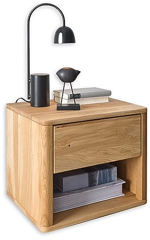 Stella Trading Hilla Nachttisch Massivholz Eiche - Hochwertiger Nachtschrank mit Schublade und offenem Ablagefach - 48 x 41 x 38 cm (B/H/T)