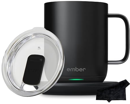 Ember Temperature Control Smart Mug 2, 10 oz, Black | 1.5-hr Battery Life | App Controlled Heated Coffee Mug | Improved Design with Clear Splash-Proof Sliding Lid and Signature Series Cloth