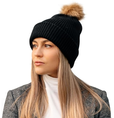 Comhats Kaschmir Mütze Winter warme Strickmütze Wollmütze mit Kaschmir Wintermütze mit Kunstfell Bommel Strick Beanie Damen für Winter Bommelmütze