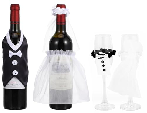 Niuhong 4 Pcs Hochzeit Weinflasche Abdeckung Flaschenüberzug Flaschendeko Weinflaschenabdeckungen Flaschen Weinglas Kleidung Abendessen Tischdeko Hochzeits Junggesellinnenabschied Braut Und Bräutigam