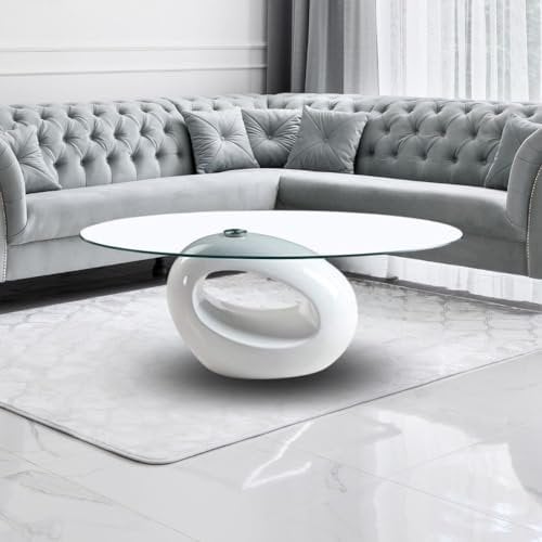 Mesa de centro 115x65 cm con tapa de cristal ovalada y marco blanco brillante - Miranda