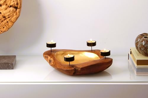 Dekoschale Teak & Gold mit Kerzenhaltern für Teelichte | rustikale Teakholz-Deko | abnehmbare Kerzenhalter