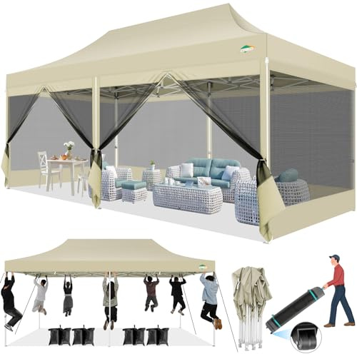 COBIZI Pavillon 3x6m Faltpavillon 3x6m Wasserdicht Stabil, Pop up Pavillon Faltbar, Partyzelt Gartenpavillon, Pavillion Klappbar UV-Schutz mit 6 Seitenwänden aus Mesh, Khaki