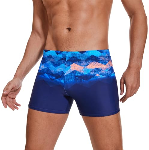 AMZSPORT Badehose Herren Kurz Schwimmhose Eng Wassersport Badeshorts mit Tunnelzug, Blau M