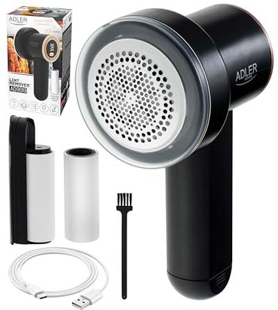Fusselrasierer Elektrisch ADLER EUROPE Entfernen von Flusen aus Kleidung und Stoffen – Einstellbare 3 Gang Geschwindigkeit - 6 Klingen Klinge - LED Anzeige - USB Aufladung, Reinigungsrolle