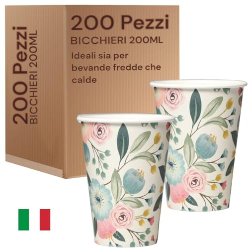 Mecup Bicchieri in Carta, Bicchieri Monouso, 200 Pezzi, Tazza Caffè 200 ml, Usa e Getta, Per Bevande Calde e Fredde, Design Elegante, Igienici, Biodegradabili, Fantasia Floreale