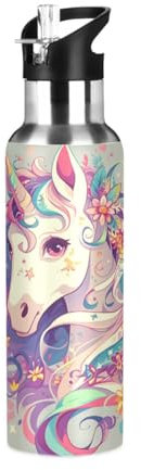 Niigeu Marguerite Fleur Licorne Cheval Bouteille d'eau Isotherme avec Paille en Acier Inoxydable Gourde, Sans BPA Gourdes Eau pour Enfant Sport Randonnée École Bureau (600ml/1L)