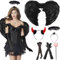 Engelsflügel Schwarz, Schwarzer Engel Kostüm Damen, 60cm Schwarze Flügel mit Teufelshörner Heiligenschein zauberstab Engel Kostüm, Schwarzer Engel Kostüm Set, für Halloween Cosplay Party Kostümparty