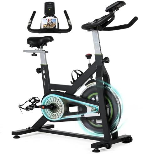 ISE Bicicleta Estática Ajustable Resistencia, Bici Estatica con LCD Pantalla, Soporte para teléfono móvil, Ipad y botella, Bicicleta Profesional, Sillín y Asa Ajustable, Max.120KG