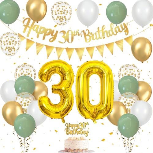 30. Geburtstag Deko Salbeigrün mit Luftballons, Happy Birthday Girlande, Tortendeko, Wimpelkette Gold für Deko