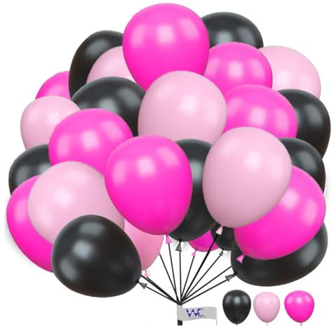 Confezione da 25 palloncini da 30,5 cm, colore rosa, rosa caldo e nero, per compleanno, tinta unita, rotondi, per baby shower, fidanzamento, matrimonio.