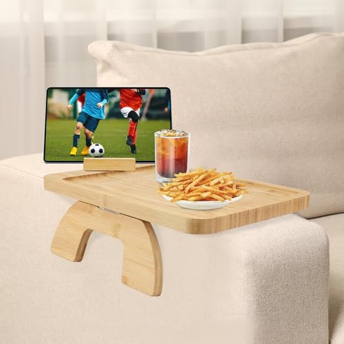 MEKOTRIN Plateau Accoudoir Canapé Pliable- Plateau de Canapé en Bois de Bambou avec Support Rotatif pour Boissons Snacks Téléphone(Carré)