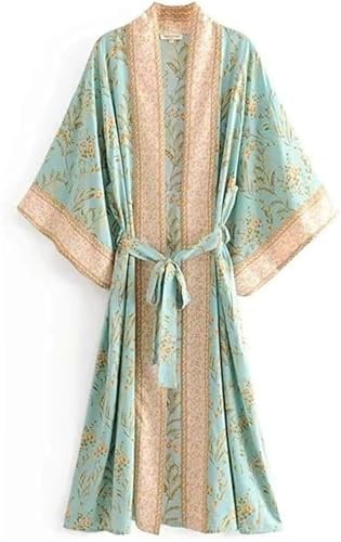 FENXIXIONE Albornoz largo tipo kimono para mujer, con estampado floral, cárdigan de playa, kimono para bikini, satén de seda, vintage, bata de baño