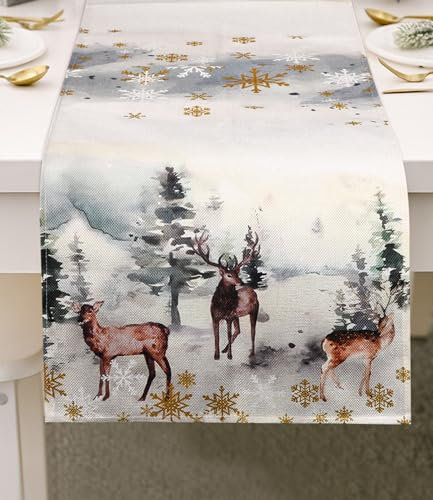Camino de Mesa de Acuarela, Alce diseño de árbol de Navidad, Lavable, Moderno, para el Invierno, Traves de Mesa en Navidad para Decorar la Mesa de la Cocina, Fiestas, Salones, 40 x 140 cm