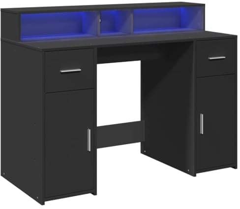 vidaXL Schreibtisch, Computertisch mit LED-Leuchten, Arbeitstisch mit Stauraum, Laptoptisch Gaming Tisch PC Tisch, Schwarz Holzwerkstoff