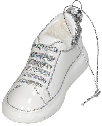 Christbaumschmuck Glas 11cm - Turnschuh Figur zum Aufhängen - handbemalt & mit Glitzer - Weihnachtsbaum Anhänger für Weihnachten - Christbaumanhänger & Weihnachtsbaumschmuck - Sport Schuh Weiß