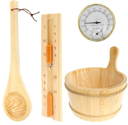 4Pcs Sauna Accessories Set Wood Sauna Bucket Sauna Spoon with Long Handle Design 2 in 1 Sauna Thermometer and Hygrometer Hourglass Timer Easy to Use Sauna Kit Suitable for Home(Sauna 4 -piece set)