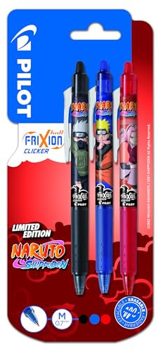 PILOT x NARUTO - Lot de 3 FriXion Ball Clicker - Stylos effaçables et rétractables - Édition limitée Naruto Shipudden - Stylos rollers rechargeables - Noir, Bleu, Rouge - Pointe moyenne