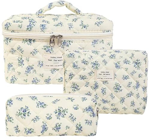 GoaePode Reise Kosmetiktasche Set Damen, 3 Stück Verschiedene Größen Blumen Aesthetic Make up Bag aus Baumwolle, Gesteppte Kulturtasche Beauty Case Schminktasche Travel Essentials, Blue Gourd