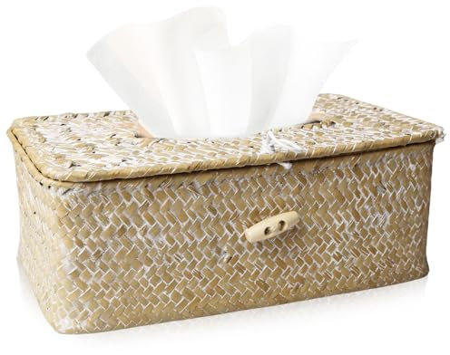 Boîte à mouchoirs rectangulaire en rotin - En jonc de mer - Pour la maison - Porte-papier tissé décoratif - Décoration de maison, salon, bureau, restaurant - Artisanat (blanc)