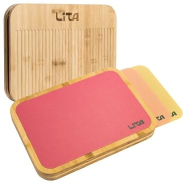 Tabla de Cortar Cocina Multifuncional Doble Cara en Madera Bambú con 3 Alfombrillas PP, Intercambiables, Flexibles y Antideslizantes - Utensilios de Cocina - Sin BPA - Higiénica - Lita Store