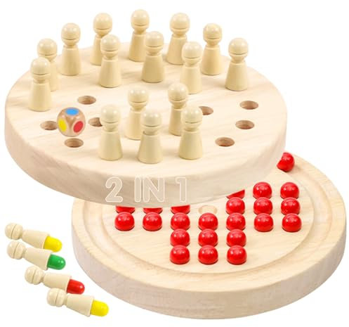 FSWWSF Memory Schach Holz Doppelseitiges 2-in-1 Gedächtnisschach Set Vier Gewinnt und Solitaire Spiel Montessori Spielzeug ab 3 4 5 Jahre Kinder Lernspielzeug Memory Spiel (A)