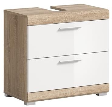 xonox.home Bad Lambada X06F1707 Waschbeckenunterschrank Badunterschrank Badezimmerschrank in weiß Hochglanz und Sonoma Eiche hell, ca. B/H/T: 60x56x34 cm