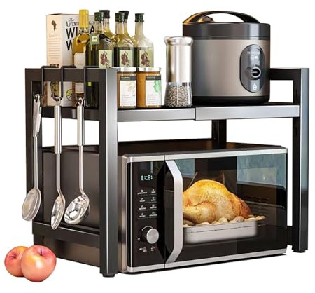Mikrowellen Regal Ausziehbar Mikrowellenschrank Organizer: 2-Stufig Ofengestell Küchenregal Stehend Gewürzregal für Arbeitsplatte Bäckereiregale Organizer (Schwarz + Haken)