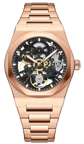 BETTIMER Automatikuhren Herren mit Skelett-Design Schweizer SL2203 Automatikwerk 38,5mm 316L Edelstahl 10ATM Wasserdicht Saphirglas mit 3-Fach AR-Beschichtung Mechanische Uhr Herren (Gold)
