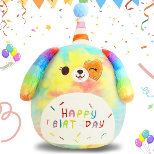 AMFUN Happy Birthday Plüschtier, Regenbogenhund Kuscheltier, Cartoon Plüschkissen, Plüschtier Geburtstagsgeschenk