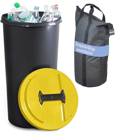 KUEFA IBC 60l Flaschensammler, Sammelbehälter mit Deckel und Innentasche, für Altglas, Altpapier, Pfandflaschen, Leergut, stabil, strapazierfähig, geruchsdicht, auslaufsicher (Gelb)