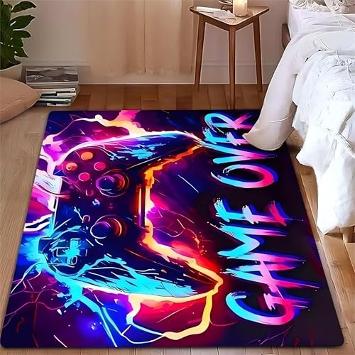 USHIRUG Gaming-Teppich, 70x140cm, Cooler 3D Gaming-Teppich, Roter und Blauer Abstrakter Graffiti-Gamecontroller-Teppiche, Waschbar, rutschfeste Dekomatte für Eingangsbereich, Studentenwohnheim
