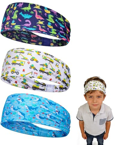 WINXMIN 3Pcs Bandeaux Transpiration pour Enfants,Élastique Sport Bandeau Cheveux Garcon Respirant,Running Serre Tête Anti Transpiration, pour Courir,Cyclisme,Dinosaures/Engins de chantier/Requins