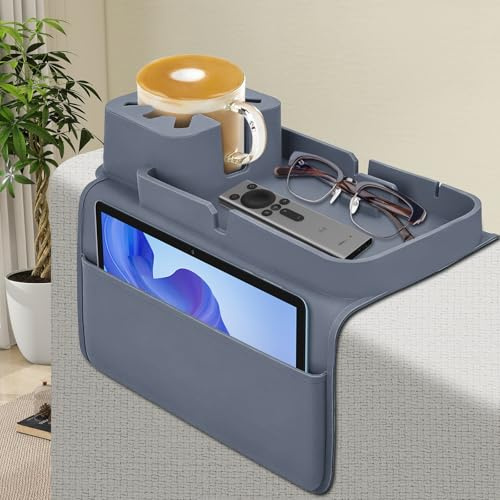 Foyucool Reposabrazos Sofa Silicona Antideslizante, Gris | Bandeja Sofa, Organizador de Mando, Bandeja Reposabrazos Sofa de Brazo con Portavasos, Impermeable para Bebidas