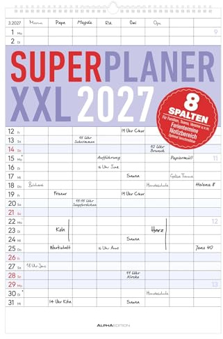 Superplaner XXL 8 Spalten 2027: Familienkalender 34x49,5 cm mit 8 Spalten, Schulferien, Feiertagen & Notizfeld, ideal für Familienorganisation