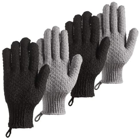 4Pcs Exfoliating Shower Gloves, Body Scrub Mitts | Available in Black Grey for Body Face Hand Foot Exfoliation Suitable for Daily Shower Cleaning Spa Care Body Massage Use