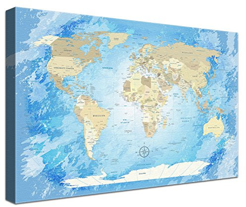 LanaKK – Weltkarte Luxus Ausführung – „Worldmap Frozen” - deutsch - Kunstdruck-Pinnwand auf 4cm Echtholz-Keilrahmen – Globus in blau, einteilig & fertig gerahmt in 120x80cm