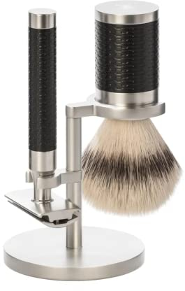 MÜHLE Rocca Rasierset - Rasierpinsel mit Silvertip Fibre, Rasierhobel, Halter - Griffe aus schwarzem Edelstahl - vegan