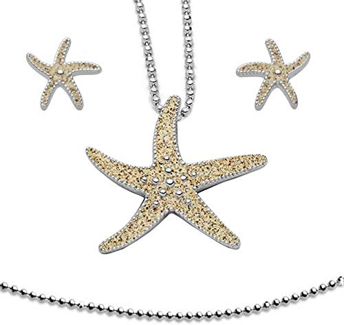 DUR Anhänger und Ohrstecker Seestern mit Kugelkette Silber | Echter Strand-Sand und 925 Sterling Silber | Kette aus 925 Sterling Silber | P2826 | O4920 | K2255.50