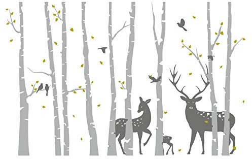 200 Wandtattoo Birkenstämme GRAU mit Hirsch, Reh und Kitz - Vögel Birke Wandsticker Aufkleber Wohnzimmer Wandbild Wanddeko